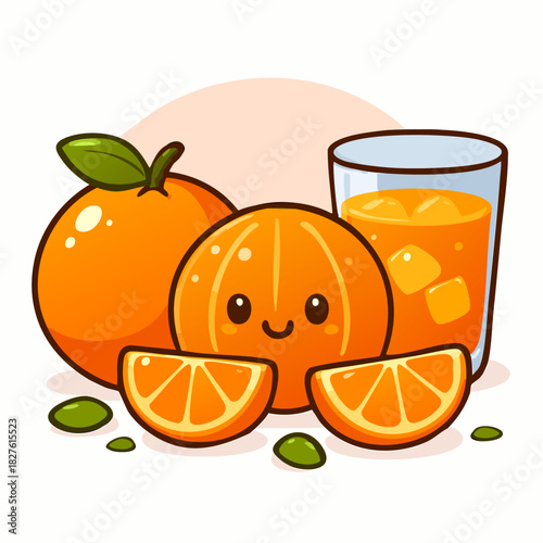Kawaii Orange Fruit Set with Cute Slices and Fresh Juice Illustration
