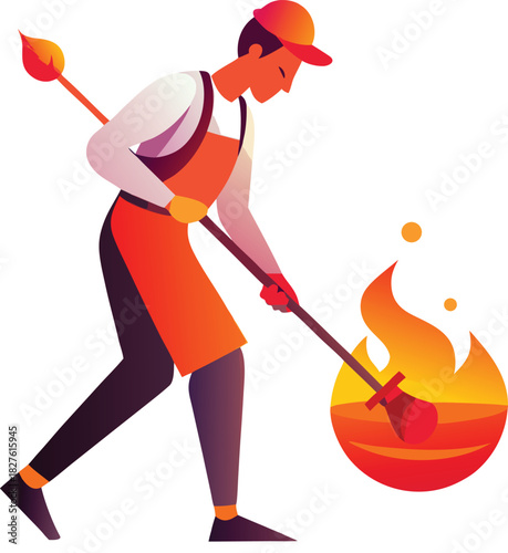 Industrial Foundry Worker Vector – Metalworker Smelting Molten Steel in Furnace Illustration"