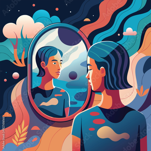 Abstract Self-Reflection Vector Concept – Woman Looking in Mirror for Psychology and Identity Illustration"