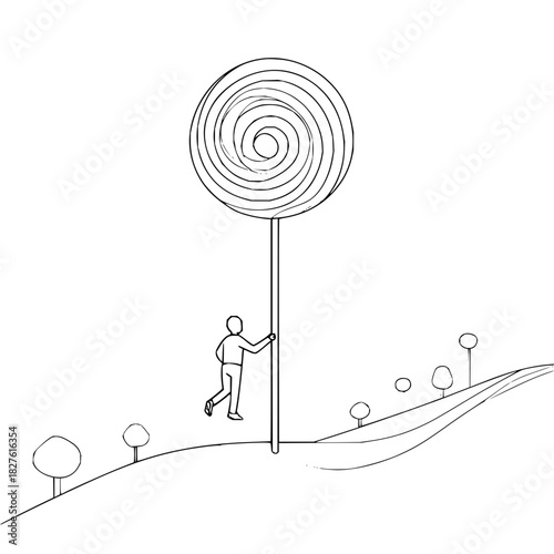 Drawing of giant lollipop candy with man climbing it in a whimsical landscape illustration art line work