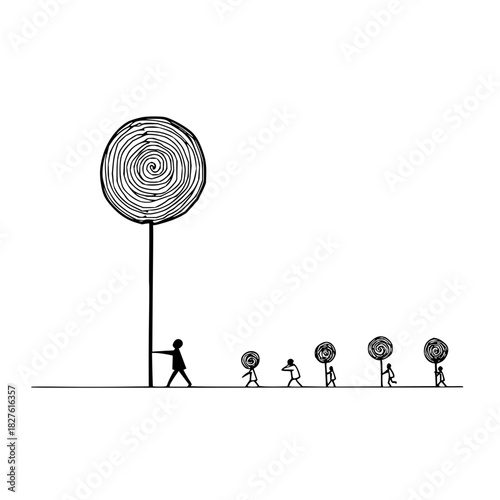 Minimalist stick figures carrying giant lollipop illustration black and white art drawing design concept 100