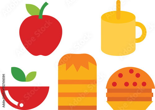 Vector illustration of healthy breakfast icons apple juice pancakes and burger for digital design