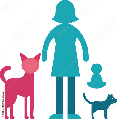 Vector illustration of a mother with a dog and two cats scalable eps icon