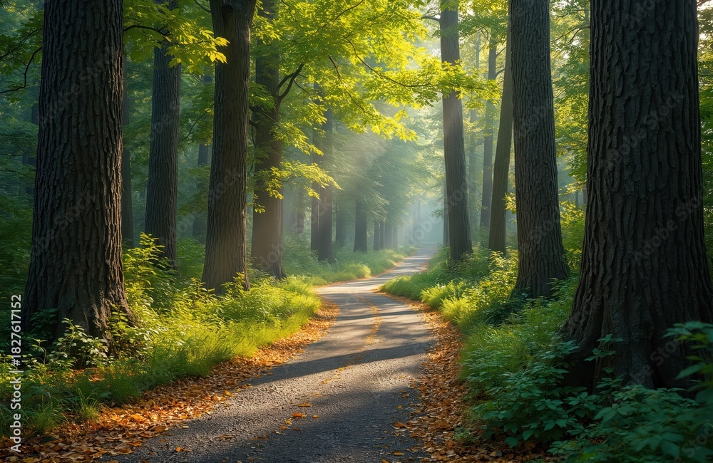 Fototapeta premium Asphalt road in green forest with sunlight. Trees cast shadows. Woodland nature path for hiking and recreation. Road curve in sunny wood. Summer eco background for nature travel blog banner.