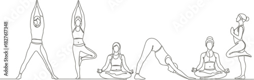 Line art illustration of women in various yoga poses for wellness and fitness