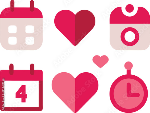 Valentine calendar and heart icons bundle vector illustration for romantic dates and events