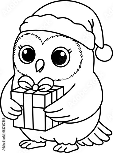Cute Baby Owl in Santa Hat Holding Christmas Gift, Black and White Line Art Cartoon Vector