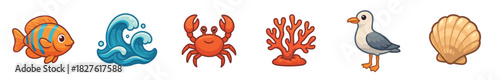 Collection of six cute cartoon sea icons featuring a tropical fish, ocean wave, red crab, coral, seagull, and seashell, all illustrated in a vibrant, friendly style and isolated on white