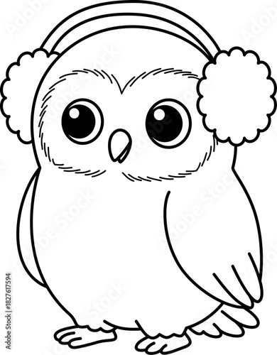 Adorable Baby Owl Wearing Fluffy Earmuffs, Black and White Line Art Cartoon Vector Illustration
