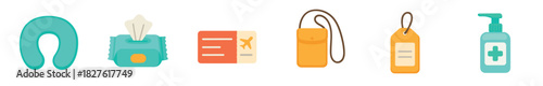 Set of colorful flat travel icons including a neck pillow, wet wipes, boarding pass, pouch, luggage tag, and hand sanitizer, essential vacation items isolated on white