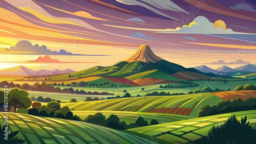 Very beautiful landscape scene featuring Roseberry Topping in North Yorkshire at sunset, with the iconic hill silhouetted against a vibrant sky, rolling green fields in the foreground, and warm golden