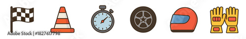 Set of colorful car racing icons including a checkered flag, cone, stopwatch, wheel, helmet, and gloves in a flat cartoon style isolated on a white background