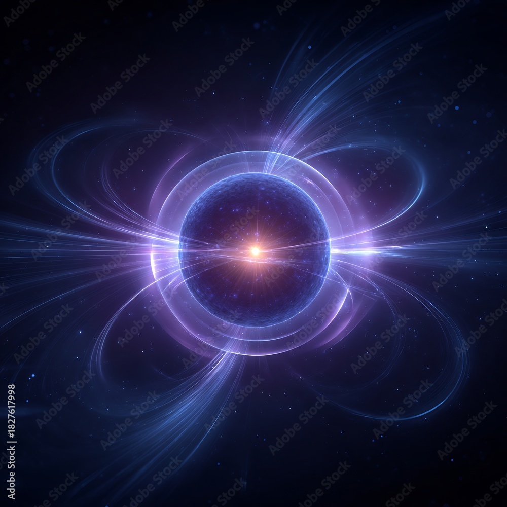 Fototapeta premium Neutron star surrounded magnetic field glowing rings and energy arcs minimalist cosmic design realistic astrophysical effect