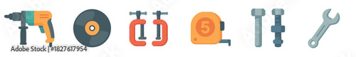 Set of colorful flat design construction tools including a drill, grinding disc, clamps, tape measure, bolts, and wrench arranged in a row, isolated on a white background