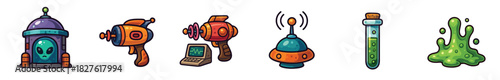 Set of colorful cartoon science fiction icons including an alien, ray gun, blaster, slime, test tube, and communicator, drawn in a vibrant vector style isolated on white background