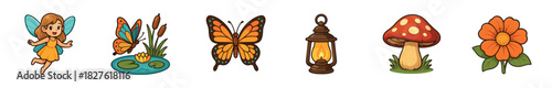 Set of cute cartoon fantasy nature icons with a fairy, butterfly, pond, lantern, mushroom, and flower in a whimsical fairytale style, isolated on a white background