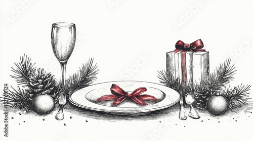 Cutlery set : plate, fork, spoon, knife,Table setting,top view,Vector hand drawn illustrations type of christmas dinner table,isolated illustration on white background,holiday greeting design.