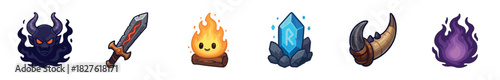 Set of six fantasy game icons including a demon, sword, fire, crystal, horn, and magic flame, illustrated in a cartoon style and isolated on a white background