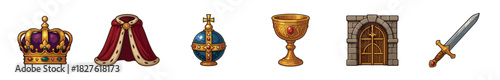 Set of cartoon medieval fantasy royal icons featuring a jeweled crown, red cloak, orb, golden chalice, castle door, and sword, illustrated as game assets on a white background