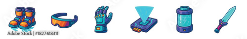 Set of colorful futuristic sci-fi game icons with jet boots, visor, robotic glove, hologram, energy cell, and sword isolated on a white background