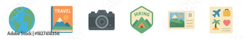 Set of colorful flat travel and vacation icons including a globe, book, camera, hiking badge, and postcard in a minimalist vector illustration style, isolated on white background