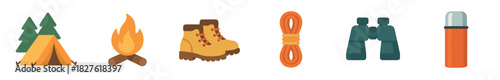 Set of camping and hiking flat icons including a tent, campfire, boots, rope, binoculars, and thermos, a minimalist vector illustration collection isolated on white background