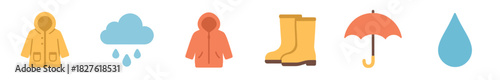Set of colorful rainy weather icons including a raincoat, boots, umbrella, cloud, and raindrop in a simple flat vector style isolated on a white background