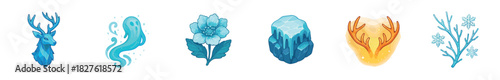 Set of fantasy winter magic game icons including an ice deer, ghost, frozen flower, crystal, glowing antlers, and snowy branch, isolated on a white background