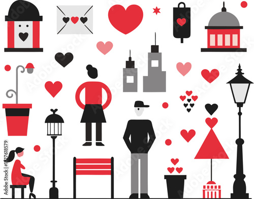 Valentine street scene icons bundle vector illustration scalable eps for romantic design