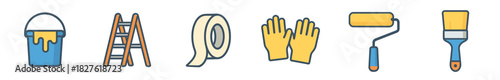 Set of colorful painting and renovation tools icons including a bucket, ladder, tape, gloves, roller, and brush in a flat design style isolated on a white background