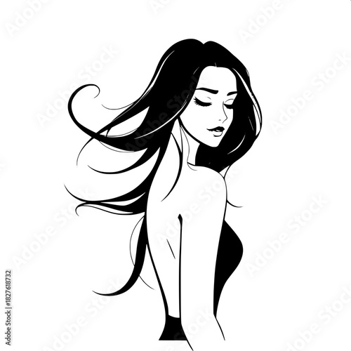 A stylized black-and-white illustration of a woman with delicate facial features and smooth skin tone facing slightly right, her flowing dark hair creating dynamic swirling shapes and curved lines, wi