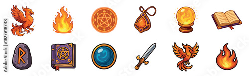 Set of colorful cartoon fantasy icons including a phoenix, spellbook, sword, crystal ball, and magic runes for a role-playing game, isolated on a white background