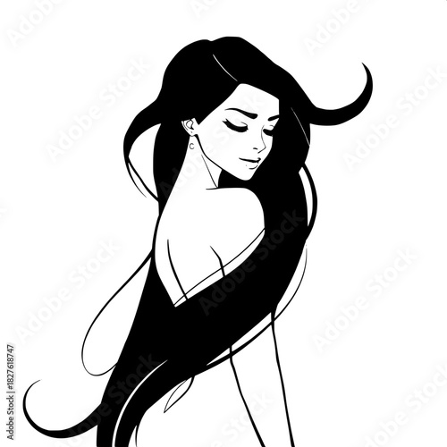 A stylized black-and-white illustration of a woman with delicate facial features and smooth skin tone facing slightly right, her flowing dark hair creating dynamic swirling shapes and curved lines, wi