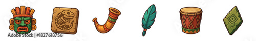 Set of cartoon ancient tribal civilization icons featuring a mask, dinosaur fossil, horn, feather, drum, and carved stone, perfect for a jungle adventure game, isolated on white