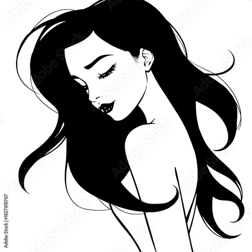 A stylized black-and-white illustration of a woman with delicate facial features and smooth skin tone facing slightly right, her flowing dark hair creating dynamic swirling shapes and curved lines, wi