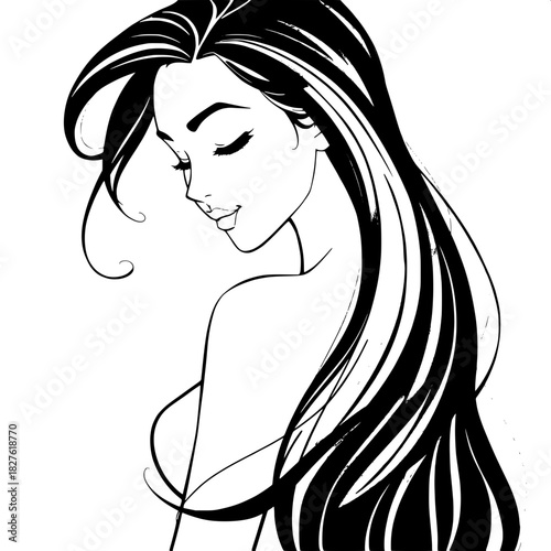 A stylized black-and-white illustration of a woman with delicate facial features and smooth skin tone facing slightly right, her flowing dark hair creating dynamic swirling shapes and curved lines, wi