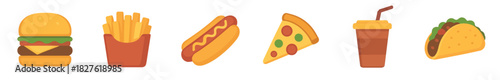 Colorful flat design fast food icon set including a hamburger, french fries, hot dog, pizza, soda, and taco, a simple vector illustration isolated on a white background