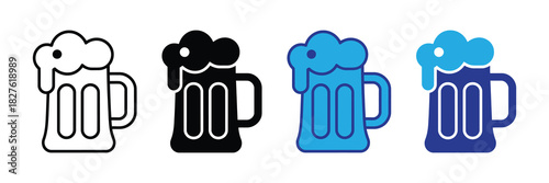 Set of four beer mug icons, outline, solid black, blue, and dark blue, representing beverage and celebration, isolated on white