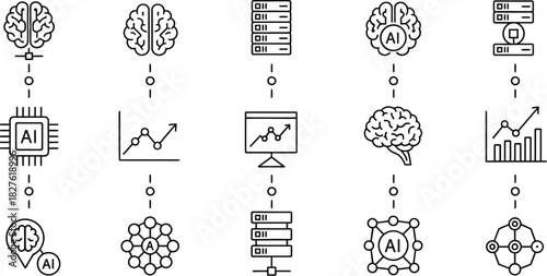 Artificial intelligence line icons representing data analysis and neural networks