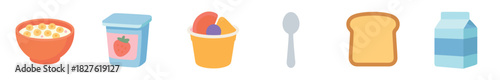 Set of colorful breakfast food icons including cereal, yogurt, fruit, toast, and milk, illustrated in a simple flat graphic style and isolated on a white background