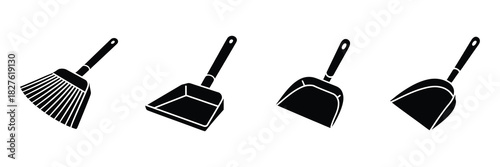 Collection of four black silhouette icons representing dustpans and brooms for cleaning and household chores, isolated on white