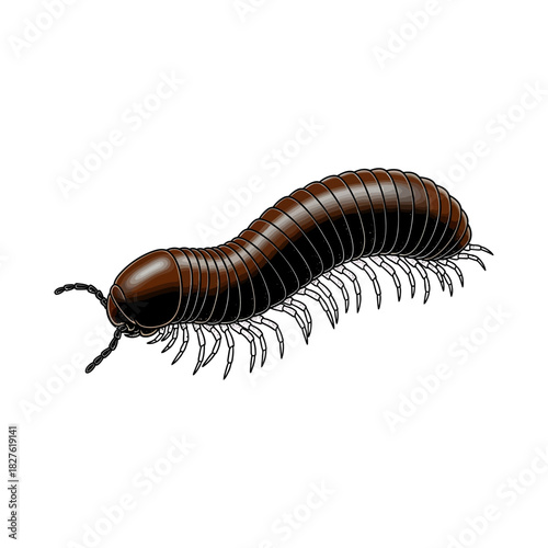 Two dark brown millipedes with many legs crawling on black