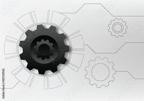 Abstract Black Gear on Light Background with Engineering Elements