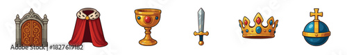 Set of six medieval royal icons including a crown, sword, cloak, goblet, orb, and castle door, rendered in a colorful cartoon style for a fantasy game, isolated on a white background