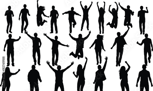 Diverse group of people silhouettes celebrating and jumping with joy