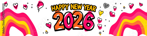 happy new year 2026 banner with hearts and wavy design elements