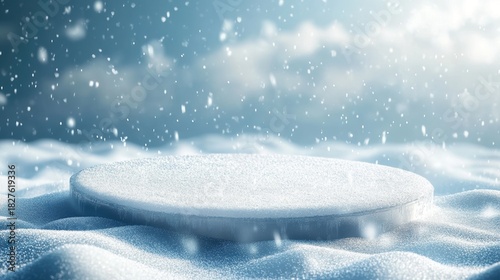 Christmas tree with white snowdrift,snowflakes,snow land,podium with bauble,Christmas theme stage podium mock up for product placement,Happy New Year. Celebrate party,Xmas Poster,web banner,festive.