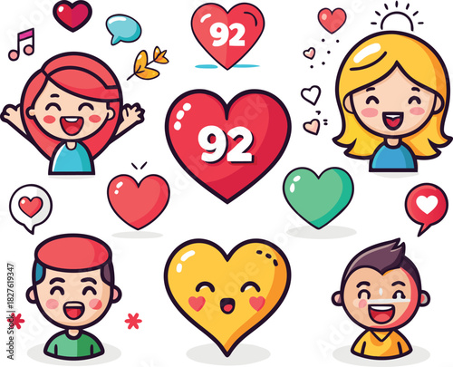 Cute cartoon valentine icons bundle vector illustration for hearts and people eps