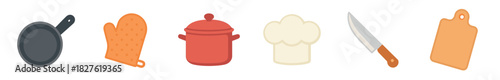 Set of colorful kitchen and cooking icons including a pan, oven mitt, pot, chef hat, knife, and cutting board in a flat vector style isolated on white background
