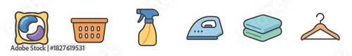 Laundry and cleaning service icon set with a detergent pod, basket, spray bottle, iron, folded clothes, and hanger in a flat line art style isolated on white